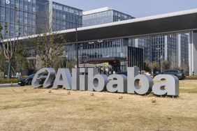 A sign with the Alibaba logo in front of the company's headquarters in Hangzhou, China