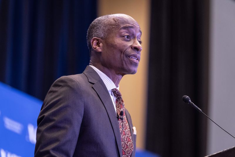 Philip Jefferson, vice chair of the Federal Reserve System, speaks during the National Association of Business Economics (NABE) economic policy conference in Dallas, Texas, US, on Monday, Oct. 9, 2023.