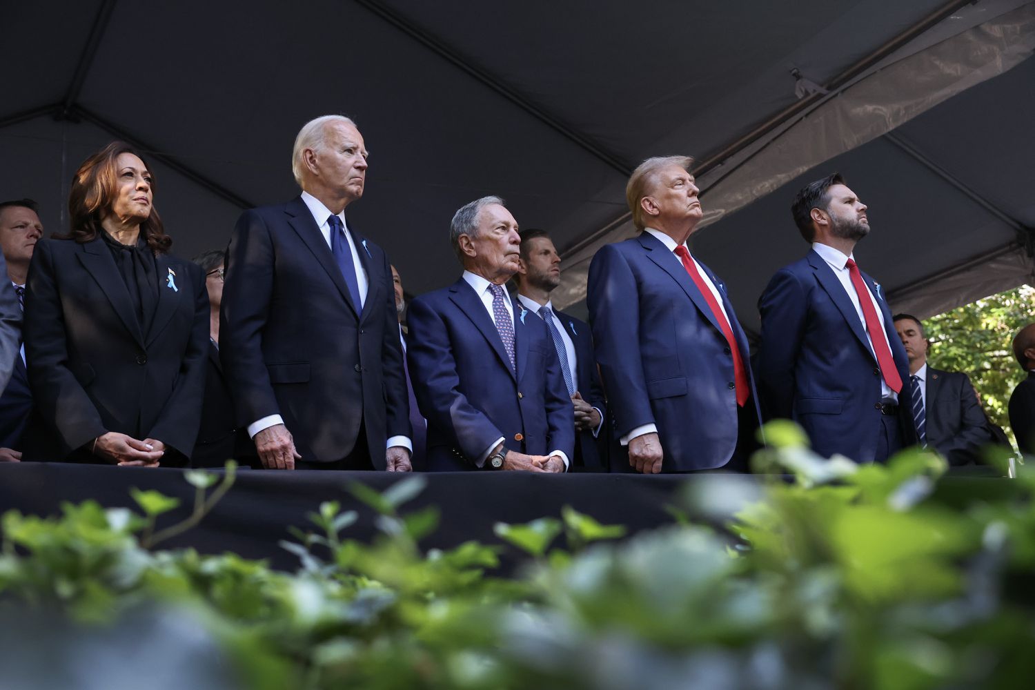 Democratic presidential nominee, U.S. Vice President Kamala Harris, U.S. President Joe Biden, former Mayor of New York Michael Bloomberg, Republican presidential nominee, former U.S. President Donald Trump and Republican vice presidential candidate Sen. J.D. Vance (R-OH) join family and friends at Ground Zero honoring the lives of those lost on the 23rd anniversary of the terror attacks of September 11, 2001, at the World Trade Center on September 11, 2024 in New York City. 
