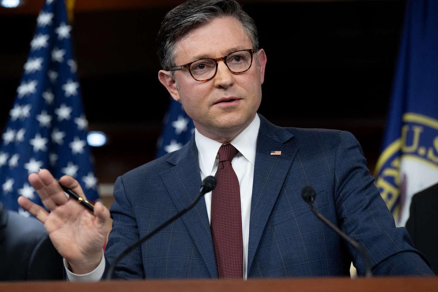 US Speaker of the House Mike Johnson, Republican of Louisiana, speaks during a press conference about the House Republican's budget following the Republican Conference meeting, on Capitol Hill in Washington, DC, on February 25, 2025. 