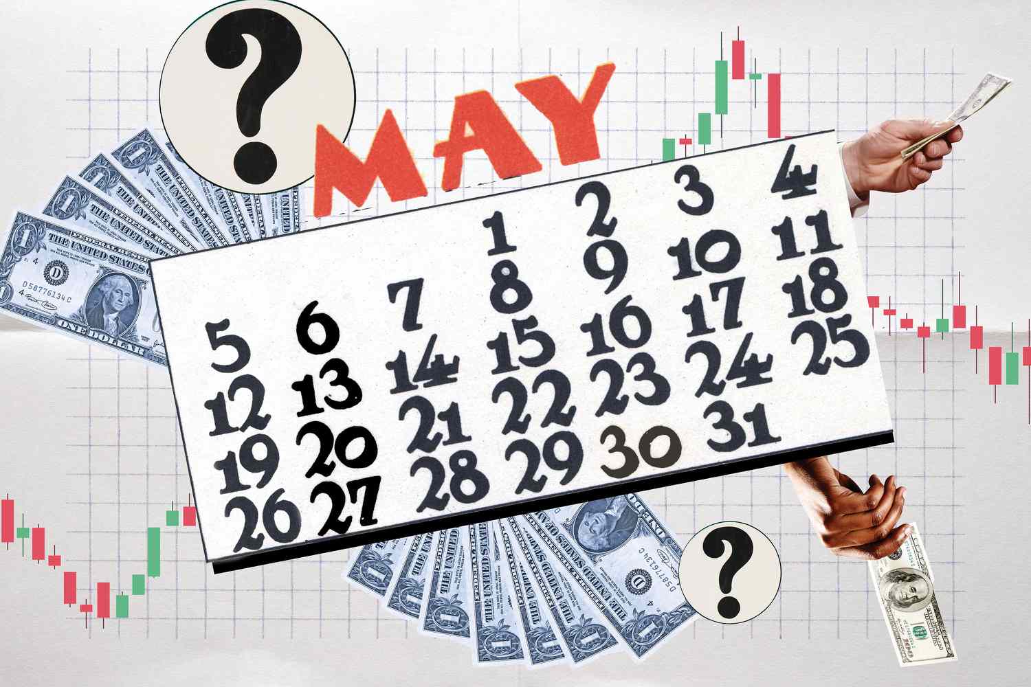 illustration of a May calendar, with question marks, stock charts and money
