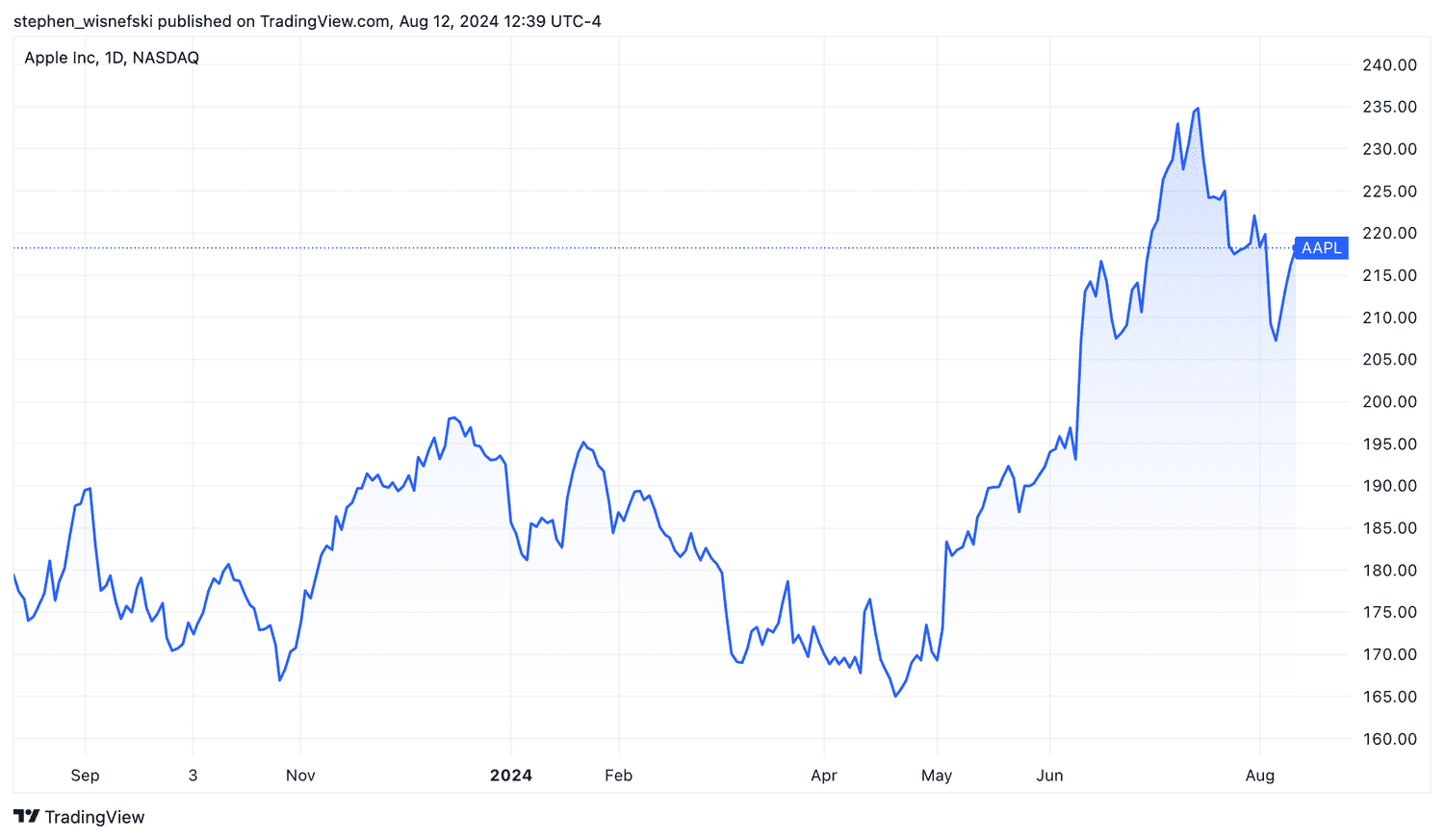 Apple stock price chart over the past 12 months