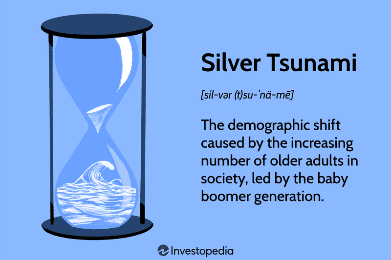 Silver Tsunami: The demographic shift caused by the increasing number of older adults in society, led by the baby boomer generation.