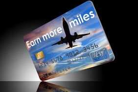 Earn more airline miles credit card on reflective dark background.