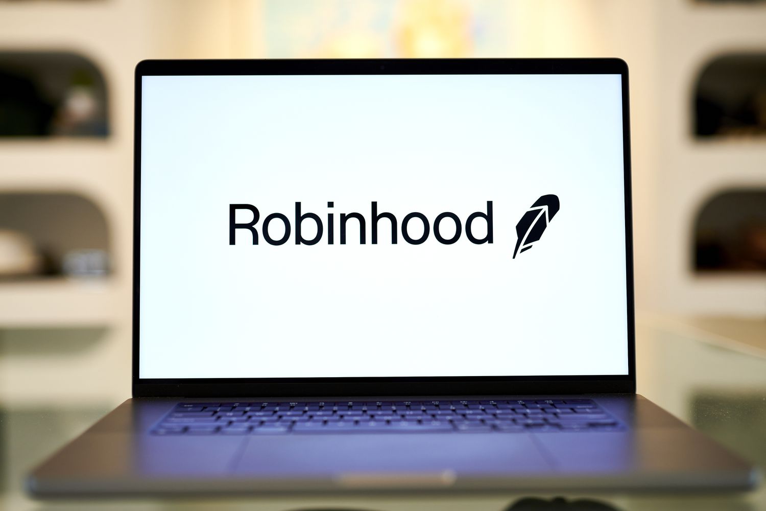 The Robinhood logo on a laptop 