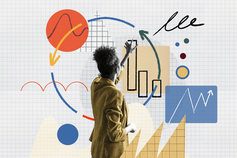 Photo and illustration composite of a person with curly hair managing an investment chart. 