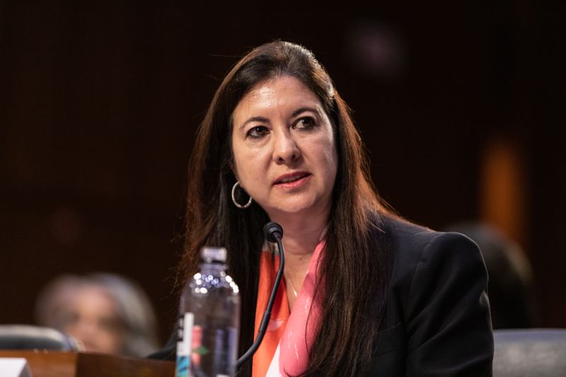 Adriana Kugler, member of the Board of Governors of the US Federal Reserve nominee for US President Joe Biden, during a Senate Banking Committee nomination hearing