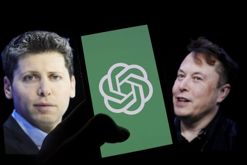 Pictures of Sam Altman and Elon Musk are seen next to a phone screen with the green OpenAI logo on it.