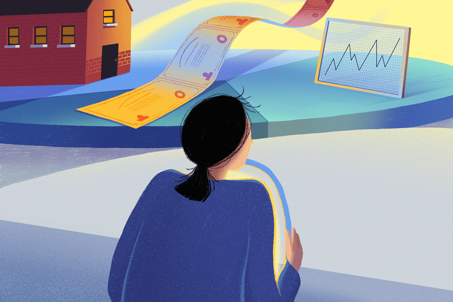 Person looks at data and her portfolio to determine how to grow her money. 