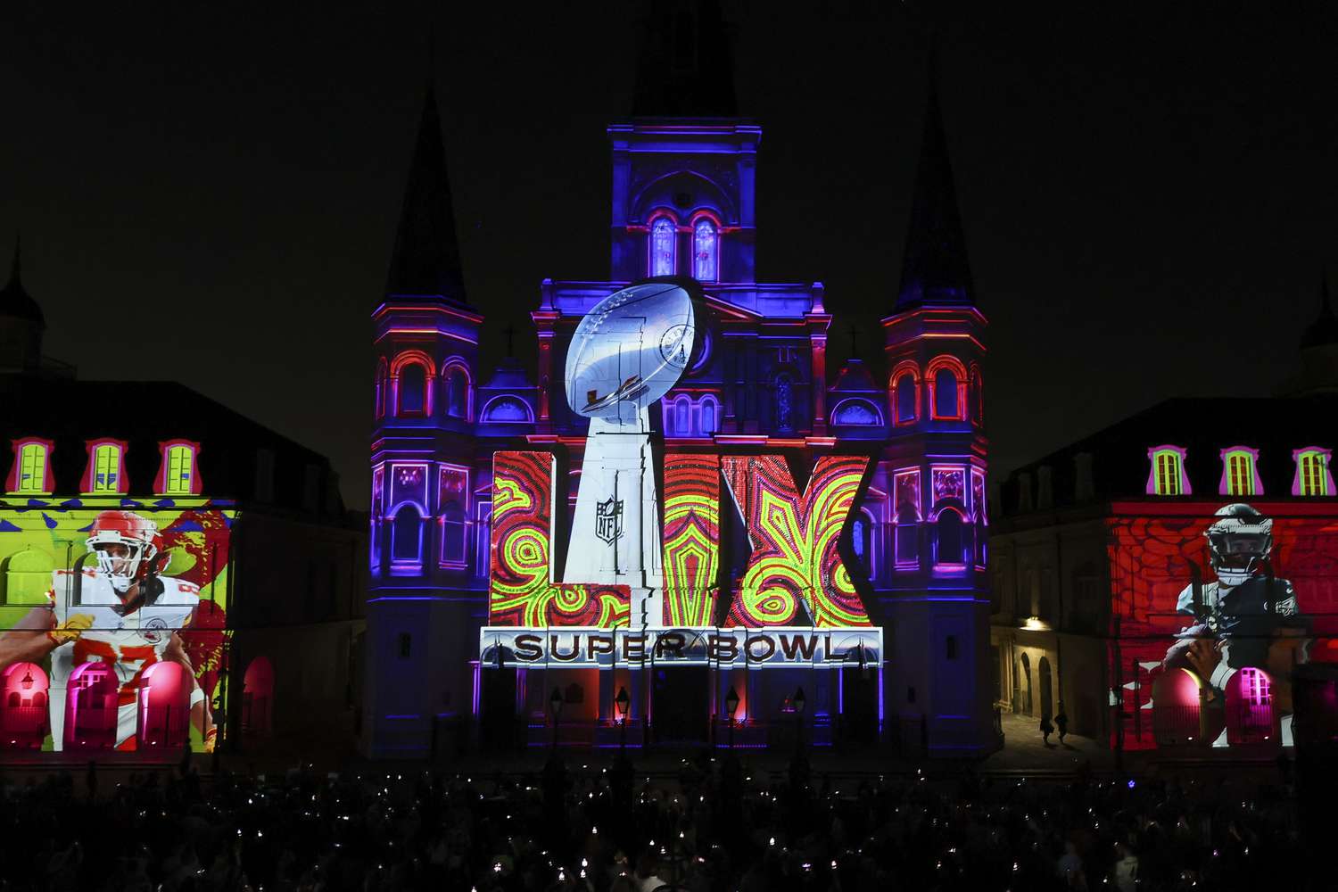 A general view of the Super Bowl LIX logo, the Kansas City Chiefs logo and the Philadelphia Eagles logo are projected onto St. Louis Cathedral at Jackson Square in the French Quarterahead of Super Bowl LIX on February 05, 2025 in New Orleans, Louisiana.