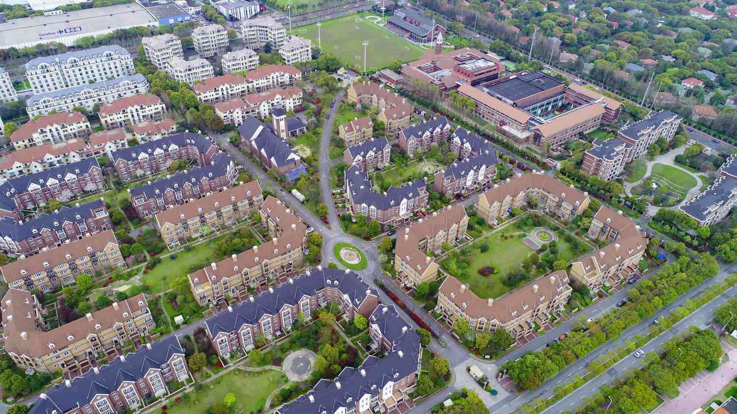 Aerial view of neighborhood housing in suburban Shanghai