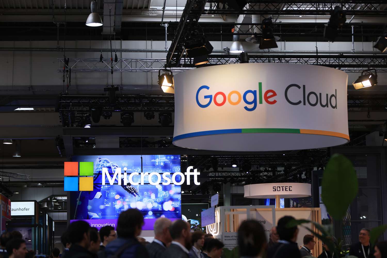 Microsoft and Google Cloud stands at the Hannover Messe industrial technology fair