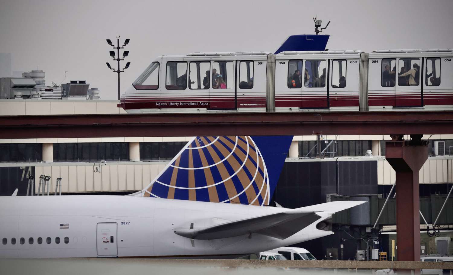Passengers ride the air train at Newark Liberty International Airport in Newark, New Jersey on May 7, 2025