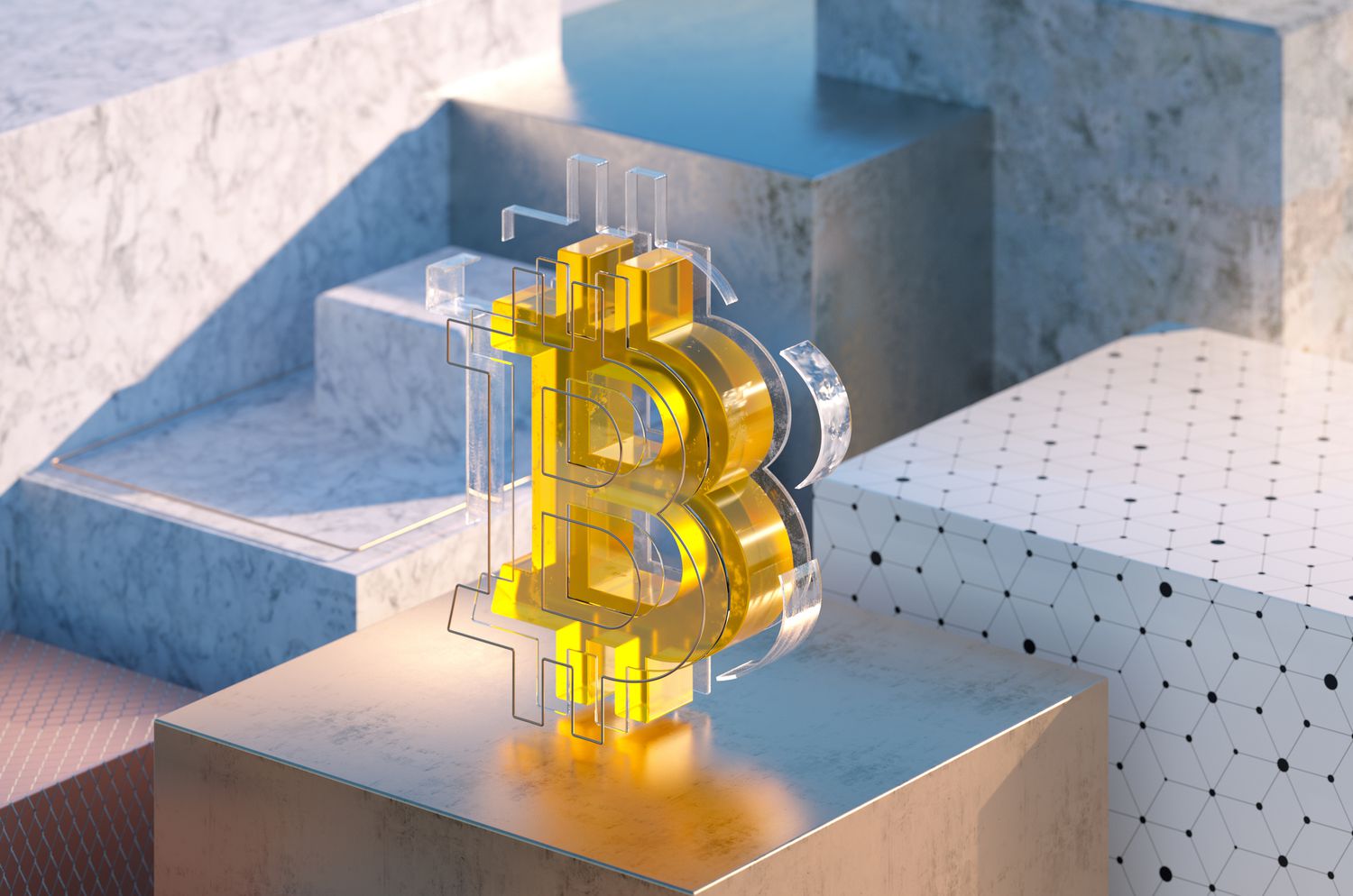 A close up 3d multilayered bitcoin sign standing on golden cube.