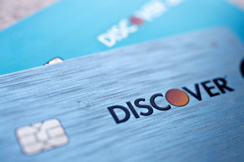 Discover Financial Services chip credit and debit cards are arranged for a photograph in Washington, D.C., U.S.