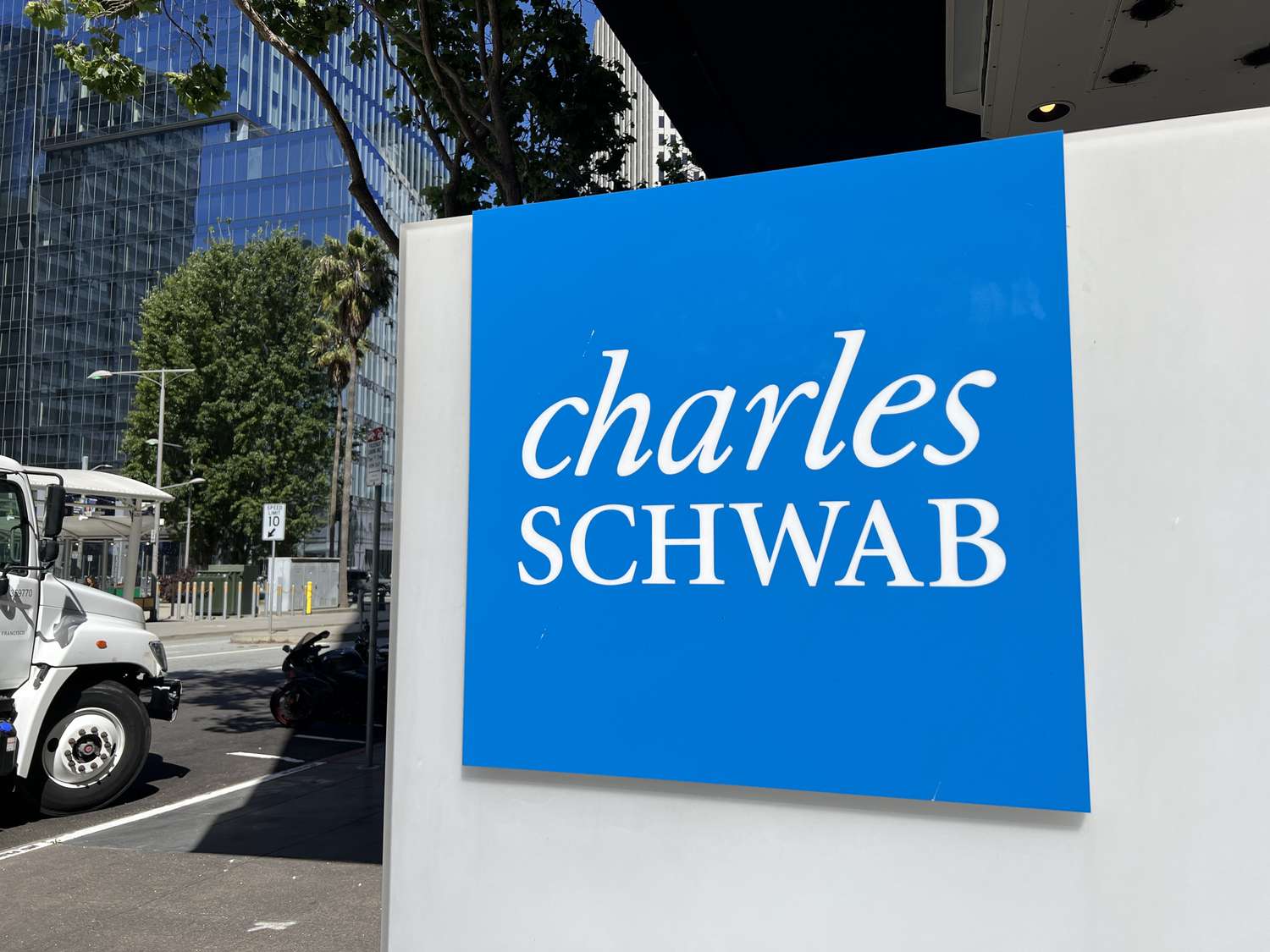 Exterior of the Charles Schwab Building with visible logo on a sunny day, San Francisco, California, June 7, 2024.