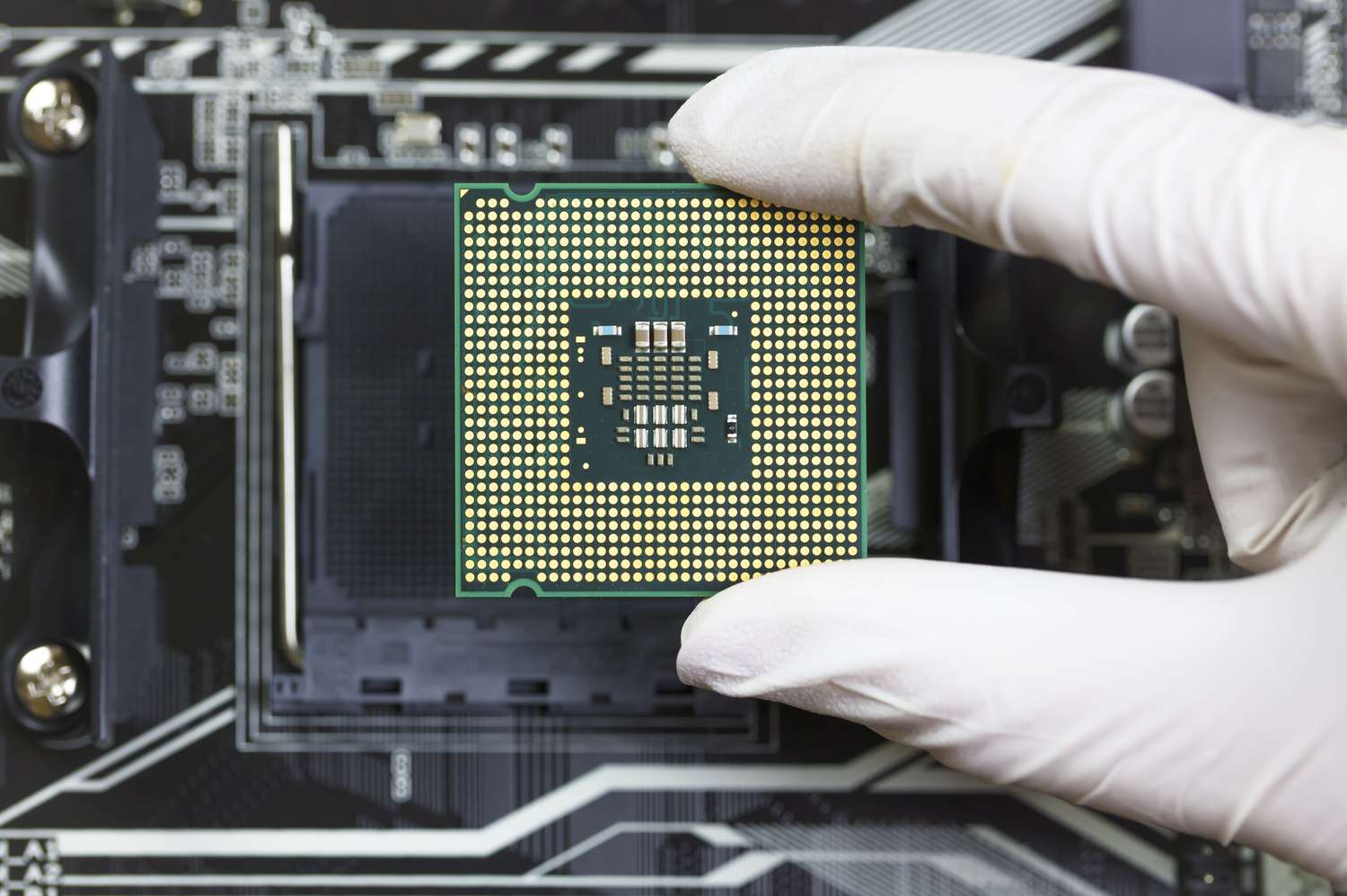 Human hand to installing an integrated circuit in a CPU