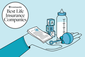 Illustration of a hand holding a rattle, baby bottle, blocks, and life insurance documents
