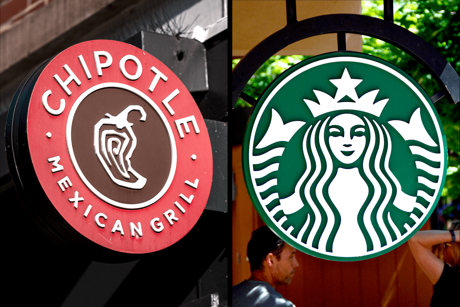 A side-by-side image of signs with the logos for Chipotle Mexican Grill on the left, and Starbucks on the right.