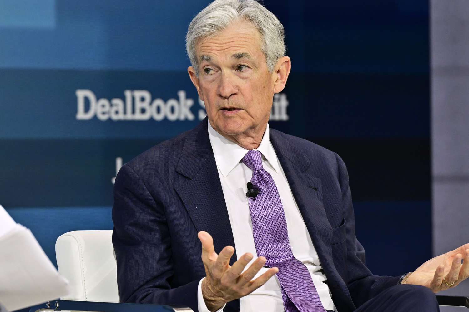 Jerome Powell speaks onstage during The New York Times Dealbook Summit 2024 at Jazz at Lincoln Center on December 04, 2024 in New York City.