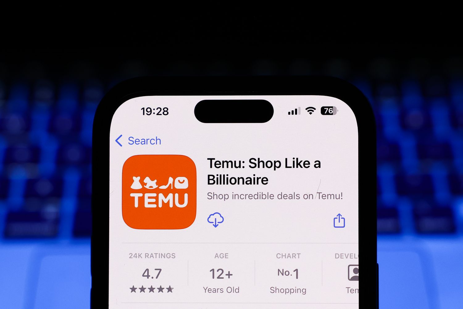 Temu on App Store displayed on a phone screen