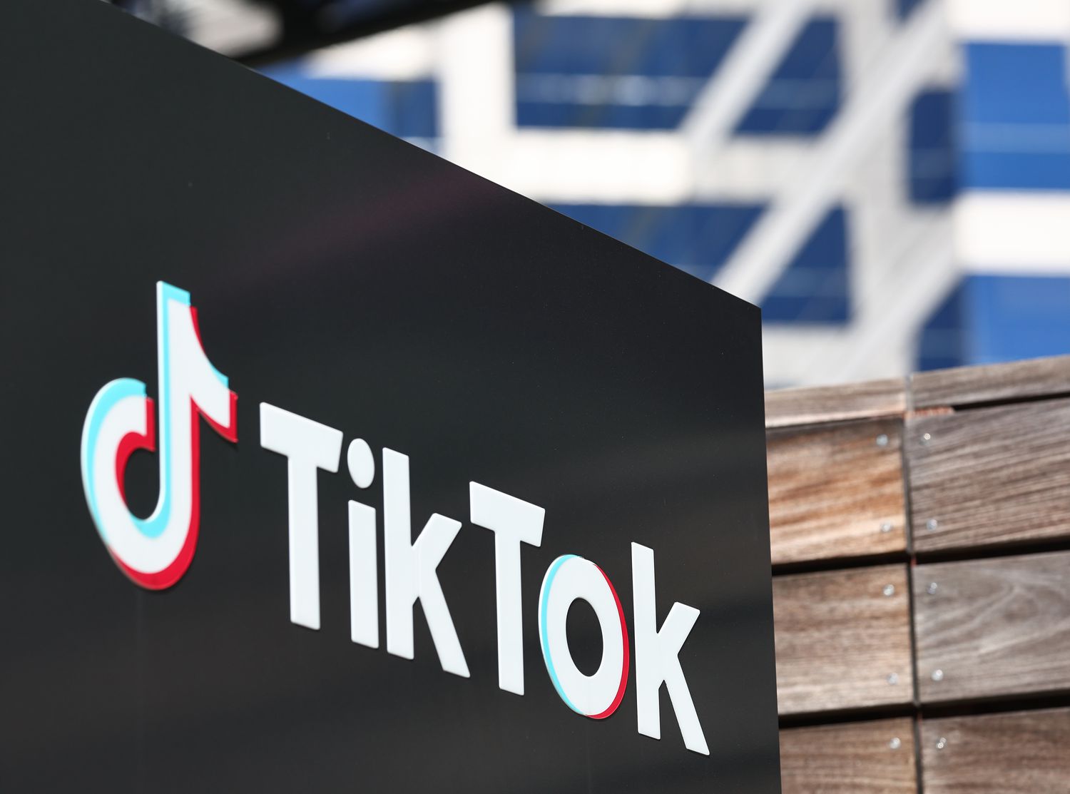 The TikTok logo on display at a company office.