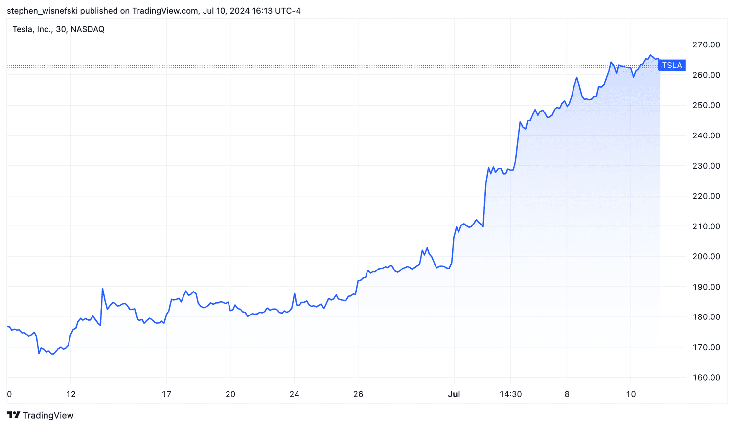Tesla stock price chart over past month