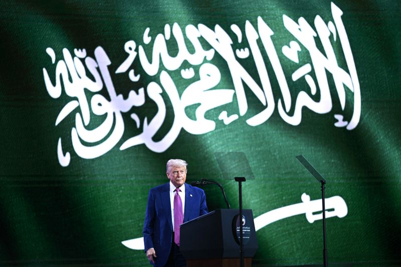 US President Donald Trump prepares to speak during the Saudi-US investment forum at the King Abdul Aziz International Conference Center in Riyadh on May 13, 2025.