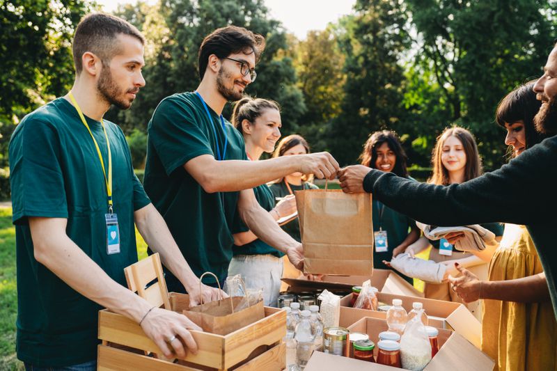 Volunteers at a food and clothing bank