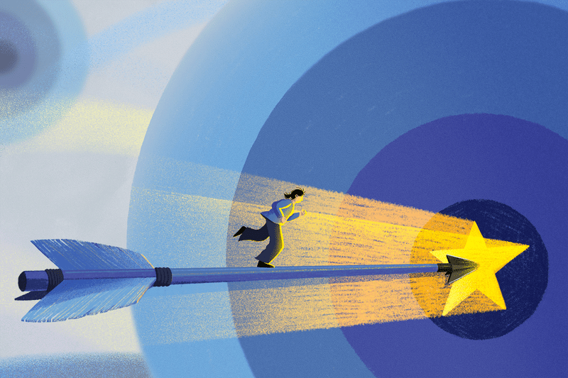 Illustration showing a person standing on an arrow heading toward a target, illustrating the conceptual idea of meeting a goal. 