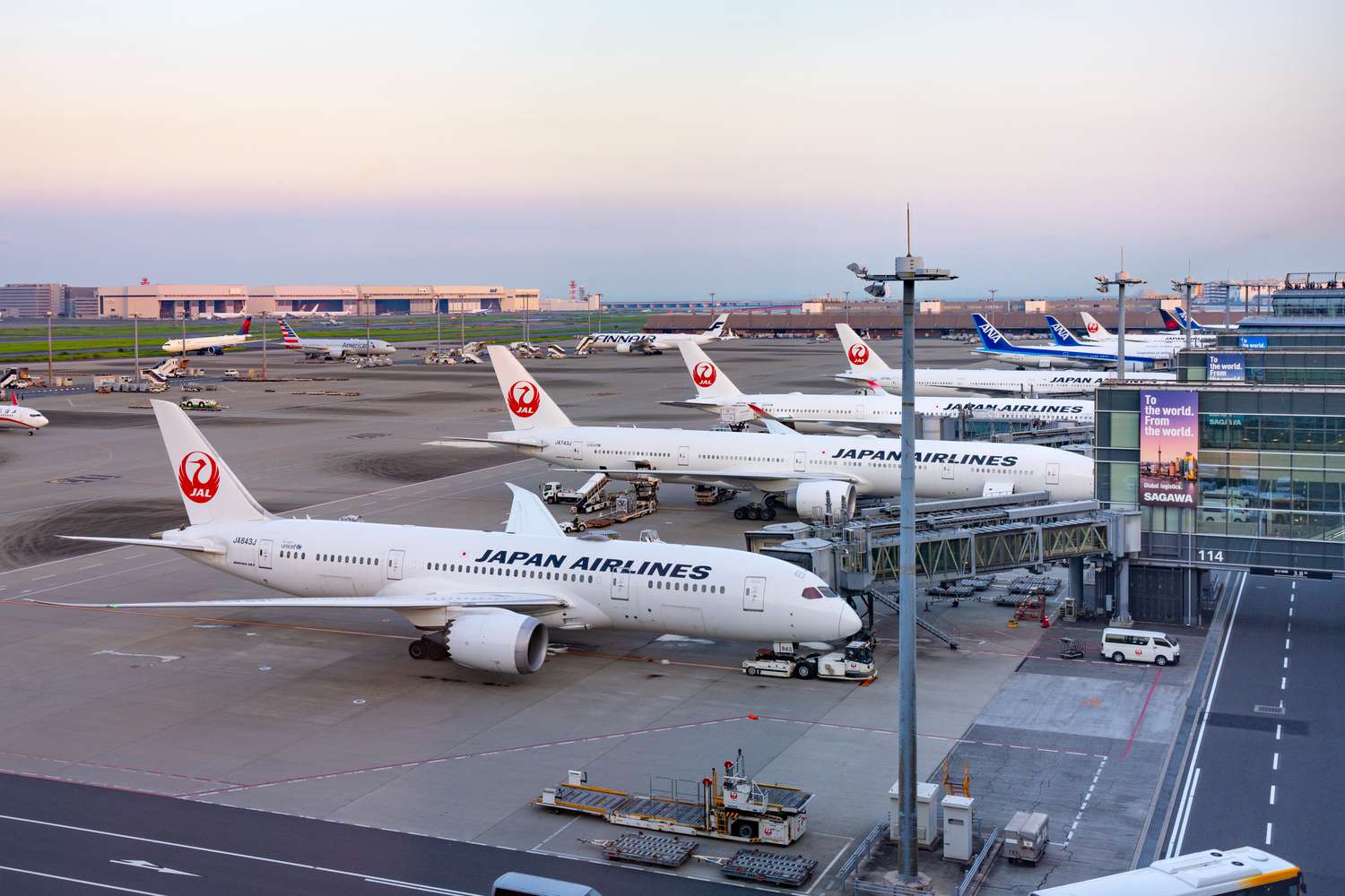 Several Boeing Japan Airlines planes are seen at Tokyo International Airport.