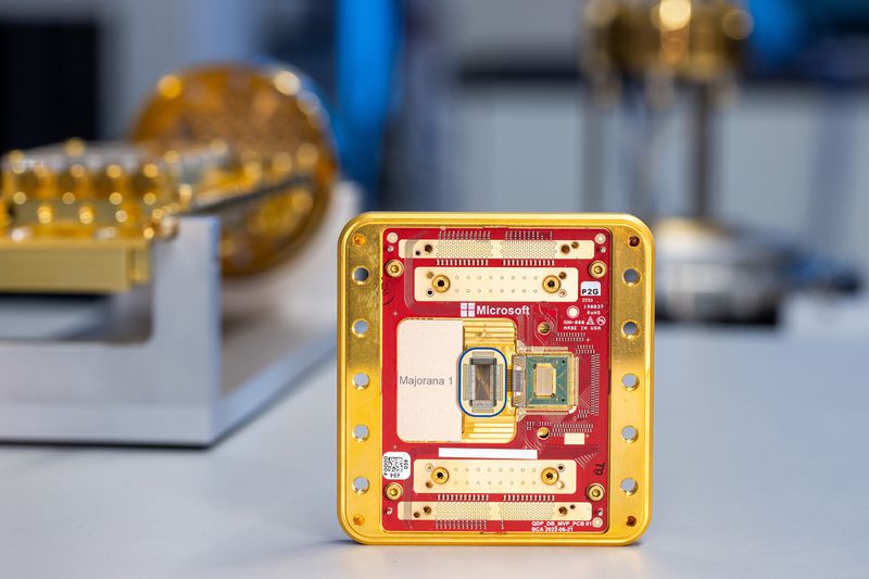 Microsoft's red and gold Majorana 1 chip sitting upright on a white table with other materials behind it