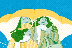 Illustration of family under a yellow umbrella.