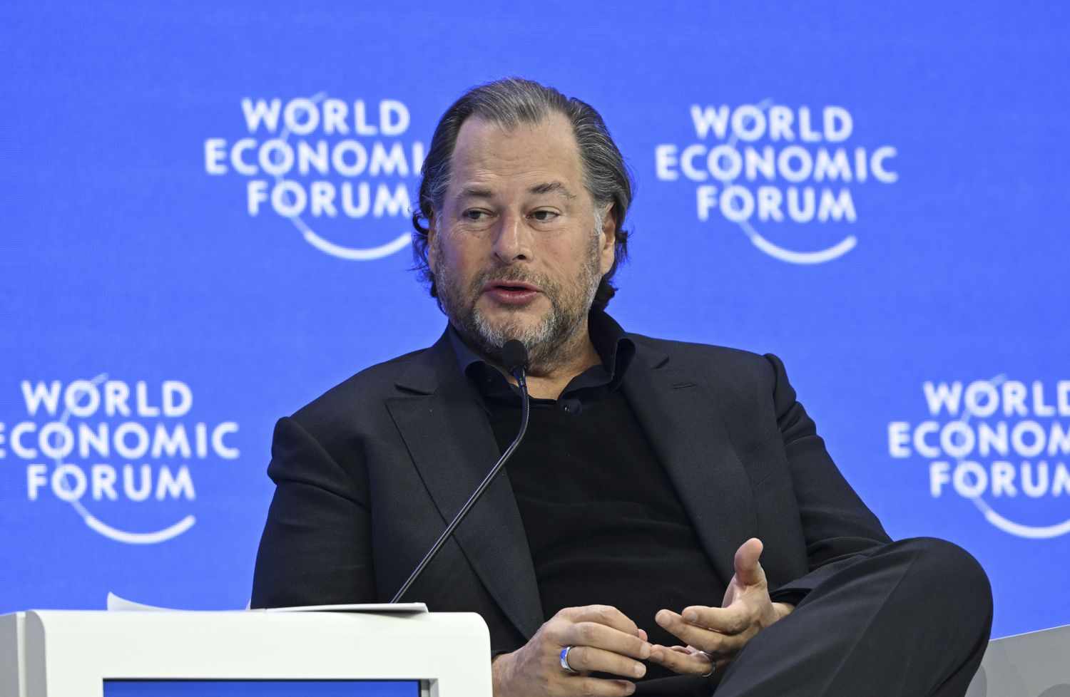 CEO of the software company Salesforce, Marc Benioff attends the 55th annual meeting of the World Economic Forum (WEF) in Davos, Switzerland on January 23, 2025. 