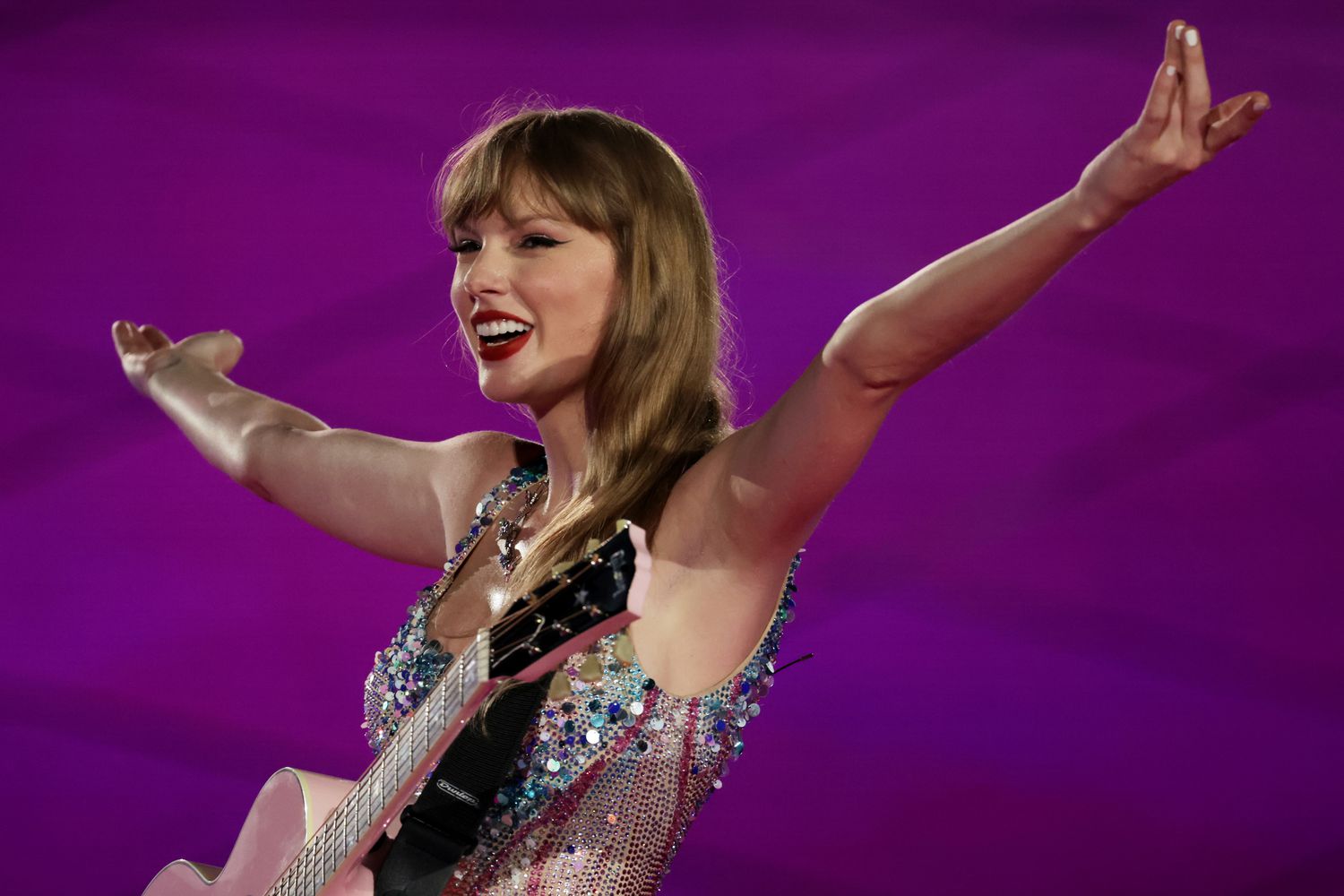Taylor Swift performs during the Eras Tour at the National Stadium on March 2, 2024 in Singapore