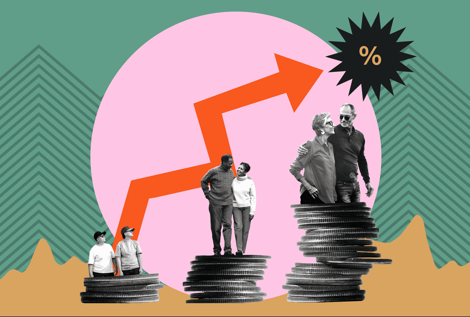 A stylized collage showing adults standing on stacks of coins with a red arrow denoting financial growth and a percentage symbol