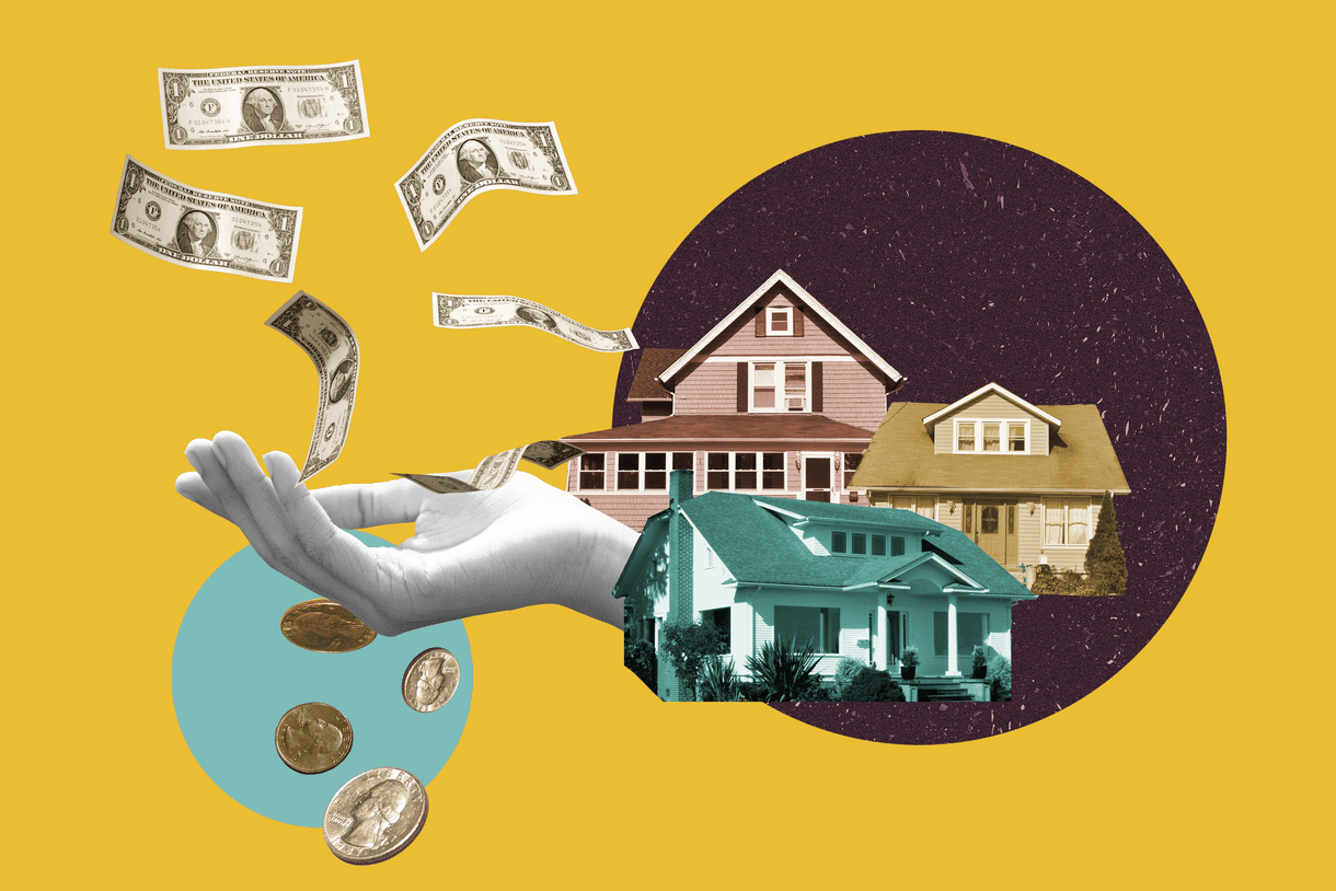 Collage of a hand holding cash with a house in the background.