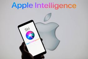 Apple Siri AI icon is being displayed on a smartphone, with Apple Intelligence in the background.