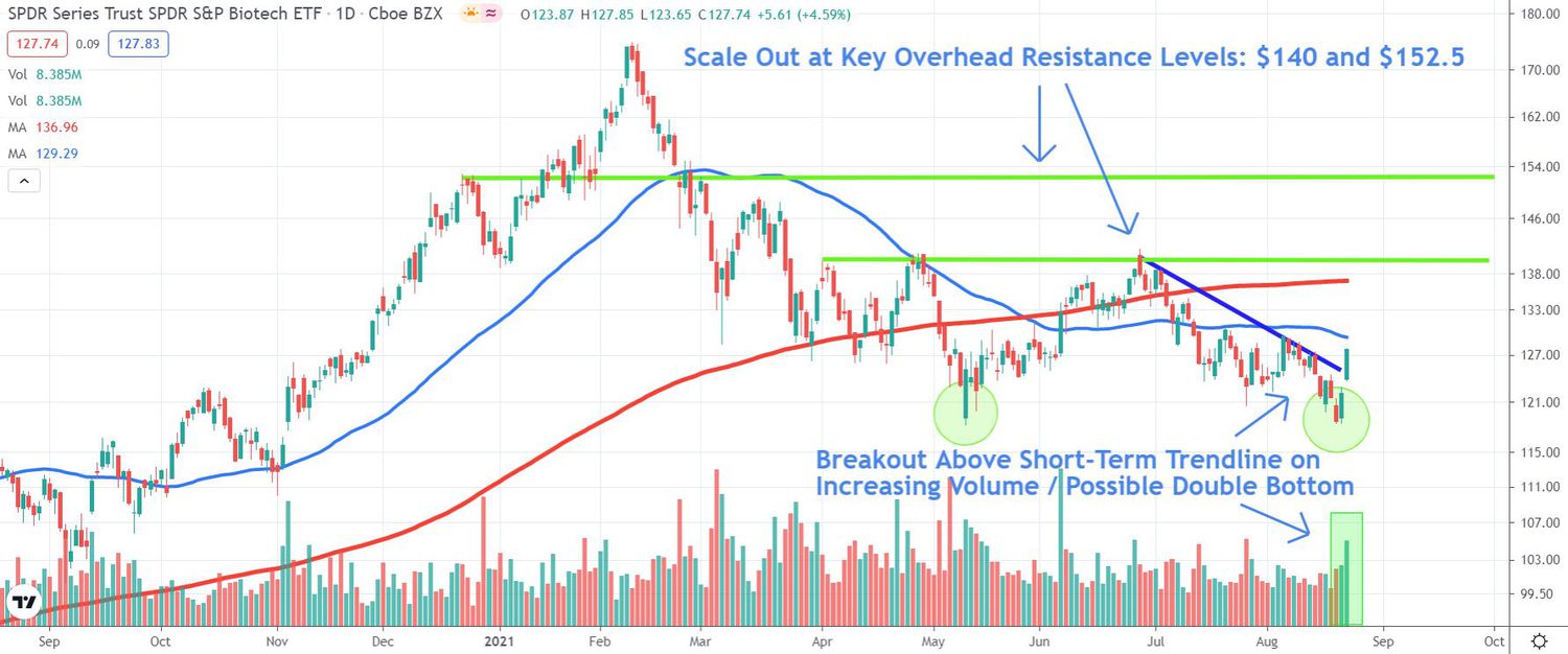 Chart depicting the share price of the SPDR S&P Biotech ETF (XBI)