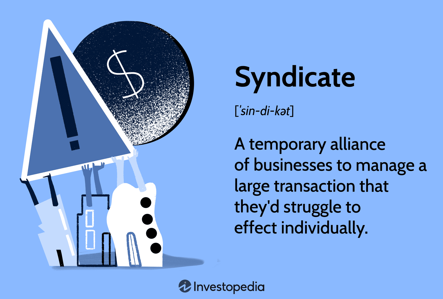 Syndicate: A temporary alliance of businesses to manage a large transaction that they'd struggle to effect individually.