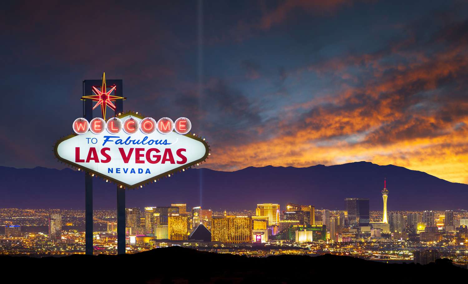 The world famous Las Vegas city skyline and welcome sign.