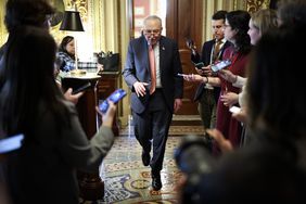Senate Minority Leader Chuck Schumer (D-NY) leaves the Democratic caucus lunch at the U.S. Capitol on March 13, 2025 in Washington, DC.