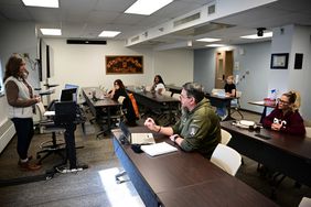 Anthony Salyer, front, and Pueblo Community College students are taking Applied Therapeutic Communication Skills class of Callico Jones, behavioral health program department chair,