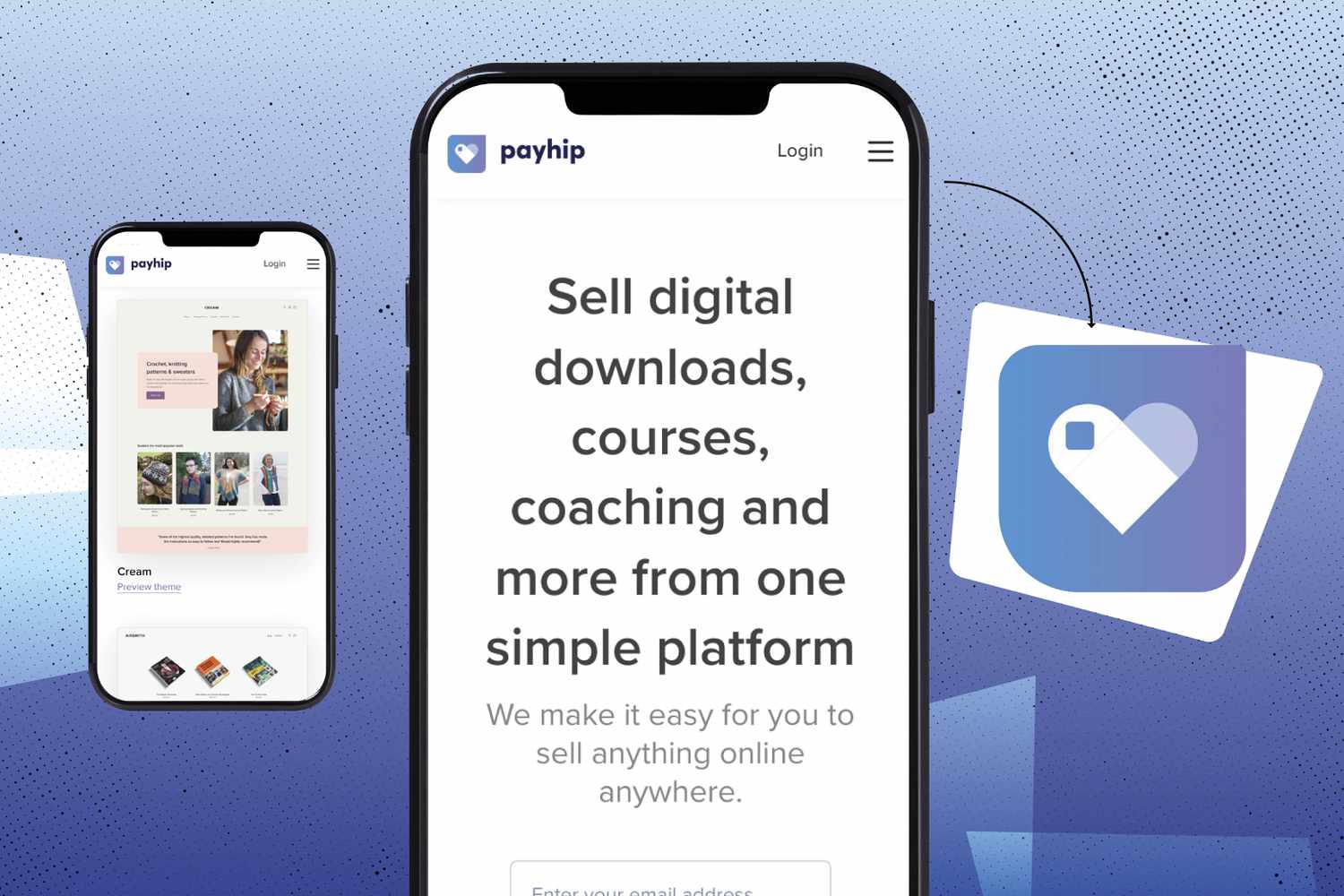 Payhip website being viewed on iPhone with logo and other iPhone showing the system being used