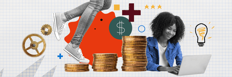 Photo and illustration composite to represent learning more about investing strategies depicting a person with natural, curly hair working on a computer.