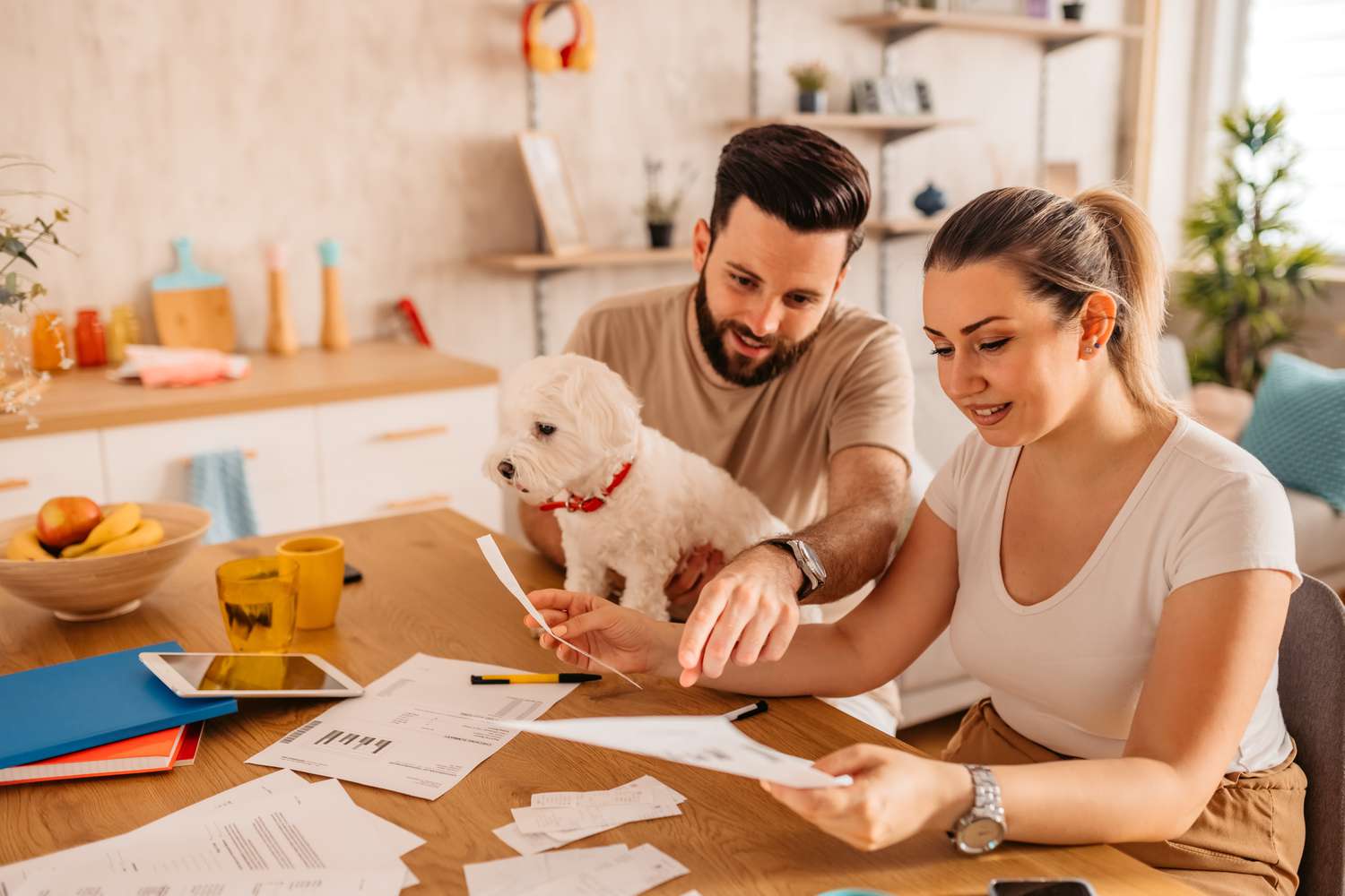 Young couple checking insurance for their toy dog