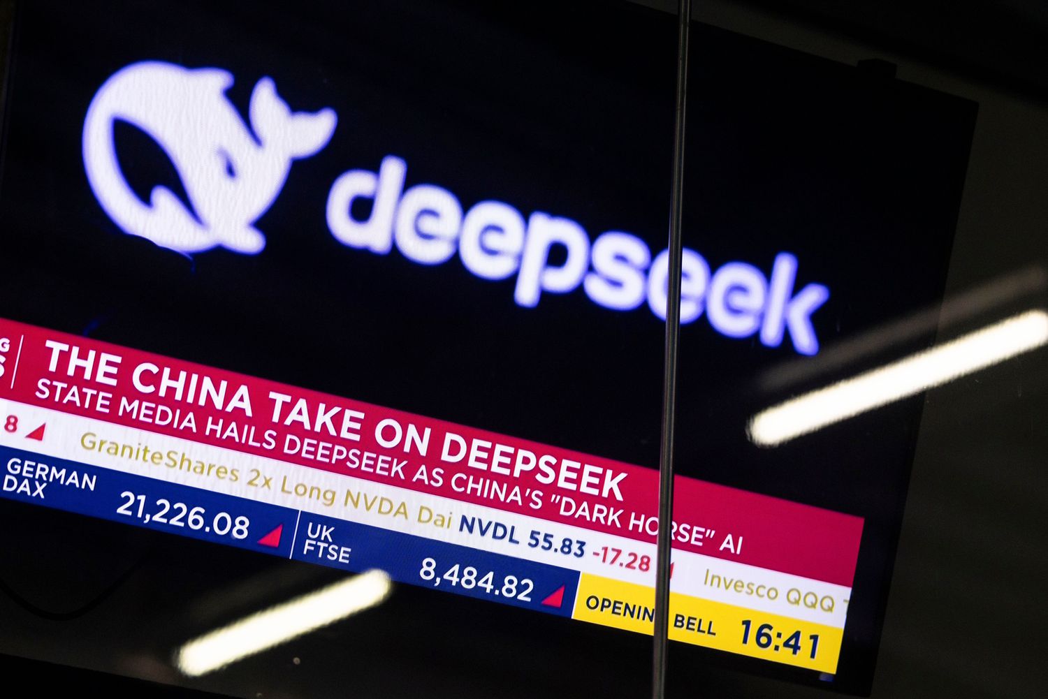 A television broadcasts DeepSeek news at the Nasdaq MarketSite in New York, US on Monday, Jan. 27, 2025