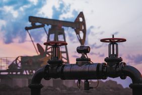 Gas pipe and pump jack silhouette against a sunset sky.