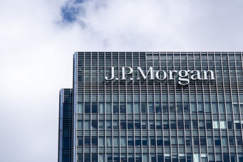 A J.P. Morgan sign appears on the company's headquarters in London. 