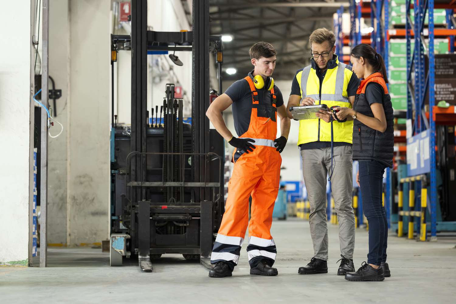 Workers in a warehouse talking and looking at a clipboard